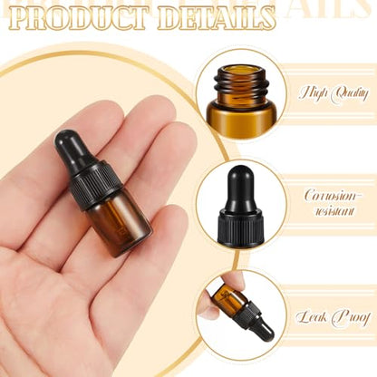 Didaey 200 Pcs 1/2/3/5/10/15 ml Mini Glass Oil Dropper Bottle Bulk, Clear Essential Small Empty Bottles Sample Containers Perfume Liquid Vials with Cap for Traveling (2 ml,Amber) - color: Amber, size: 2 ml