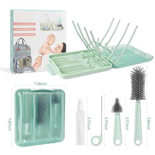 Baby Bottle Brush Set, 6-in-1 Travel Bottle Cleaner Kit with Silicone Bottle Brush, Nipple & Straw Brush, Soap Dispenser, Drying Rack, Storage Box – Compact Baby Travel Essential for Home & On-The-Go - color: Green