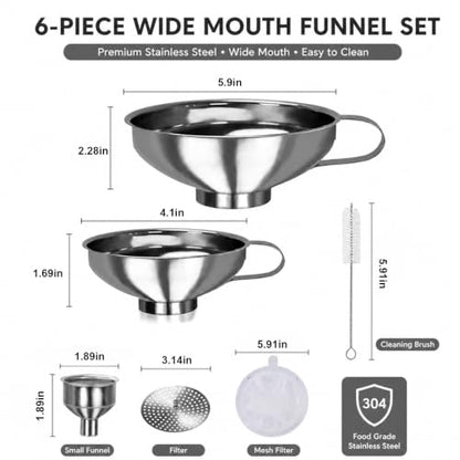 Stainless Steel Funnel Set, Wide Mouth Canning Funnel, Metal Kitchen Funnels for Jar Bottle Filling Canning Supplies