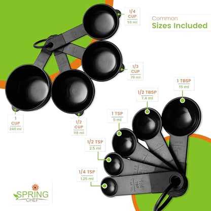 Spring Chef Magnetic Measuring Cups and Spoons Set of 9, Nesting Kitchen Tool with Easy to Read Markings for Measuring Dry or Liquid Ingredient, BPA Free, Black - color: Black