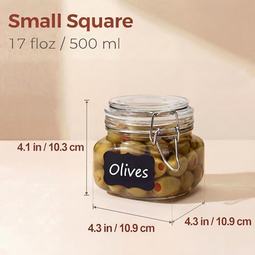 17oz - 6 Pack Square Glass Jars with Airtight Lid, Wide Mouth Mason Jars with Clamp Lids, Air Tight Glass Canisters, Best Food Storage Containers for Cereal, Pasta, Rice, Sugar, Coffee, Spice - color: Square-17OZ Set- 6 Pack