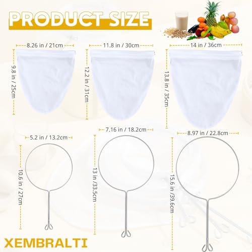 XEMBRALTI Nut Milk Bag with Handle, Fine Mesh Strainer Bag for Tea/Yogurt/Juice/Wine/Soup/Coffee & Cheese Making, Washable Reusable Almond Milk Strainer ((S+ M+ L) Strainer Bag*3 + Handle*3) - size: (S+ M+ L) Strainer Bag*3 + Handle*3