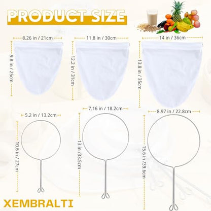 XEMBRALTI Nut Milk Bag with Handle, Fine Mesh Strainer Bag for Tea/Yogurt/Juice/Wine/Soup/Coffee & Cheese Making, Washable Reusable Almond Milk Strainer ((S+ M+ L) Strainer Bag*3 + Handle*3) - size: (S+ M+ L) Strainer Bag*3 + Handle*3