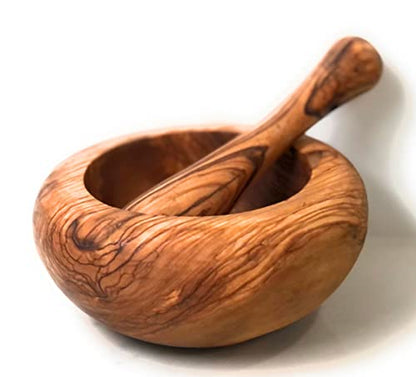 5.5" Rustic Olive Wood Mortar and Pestle Set- Crusher Grinder for Herbs, Spices Garlic, Seeds, Nuts, Pesto, Sauces.
