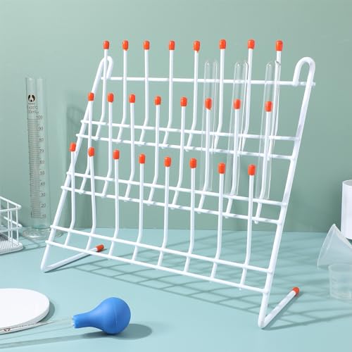 TEHAUX Lab Drying Rack, Space-Saving Lab Beaker and Tube Drying Holder with Non-Slip Red Top, Sturdy Iron Frame, 24 Pegs Vertical Drying Rack for Laboratory Glassware and Bottles (White)