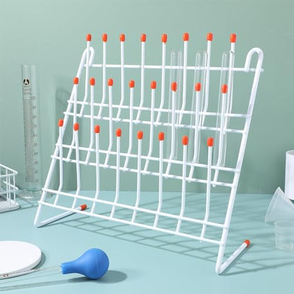 TEHAUX Lab Drying Rack, Space-Saving Lab Beaker and Tube Drying Holder with Non-Slip Red Top, Sturdy Iron Frame, 24 Pegs Vertical Drying Rack for Laboratory Glassware and Bottles (White)