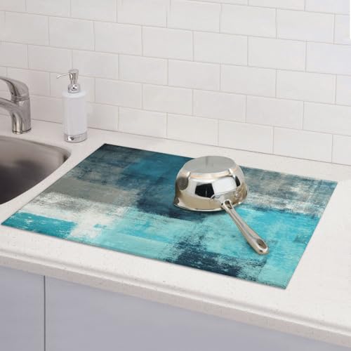 Teal and Grey Dish Drying Mat Abstract Art Painting Turquoise White Geometric Blue Drying Rack Pad Countertop Dishes Ultra Absorbent Microfiber Kitchen Counter Mat 18x24 Inch - color: Teal