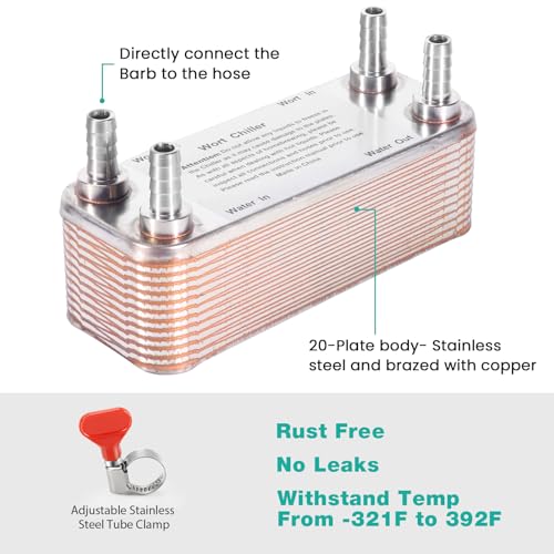 MRbrew Wort Chiller 20 Plates, 1/2 Barb Fitting Connection, Brazed Plate Copper Heat Exchanger for Homebrew, Stainless Steel 7.5" x 2.9" Plate, Hot Liquid Accelerated Cooler Quick Beer Cooling System