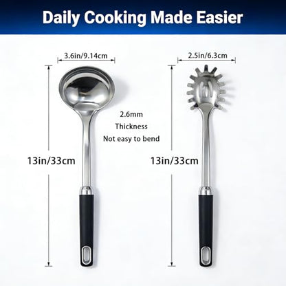 Stainless Steel Soup Ladle and Spaghetti Spoon Set, 2Pcs Heat Resistant & Non Slip Rubber Handle Set, Dishwasher Safe, Kitchen Cooking Utensils Set for Soup and Sauce