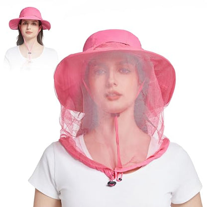 Mosquito Head Net Hat - Bug Cap UPF 50+ Sun Protection with Hidden Netting for Beekeeping Hiking Women - color: Rose Red