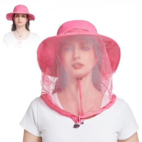 Mosquito Head Net Hat - Bug Cap UPF 50+ Sun Protection with Hidden Netting for Beekeeping Hiking Women - color: Rose Red