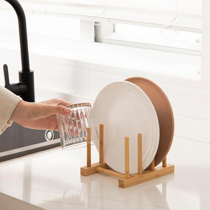 HBlife 4pcs Bamboo Dish Plate Bowl Cup Book Pot Lid Cutting Board Drying Rack Stand Drainer Storage Holder Organizer Kitchen Cabinet（Keep Dry） - color: Bamboo 3 Slots 4pcs