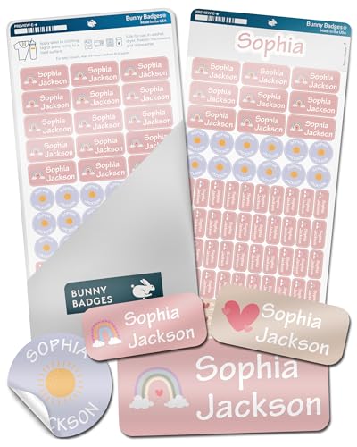 Bunny Badges Personalized Daycare Name Labels for Kids (130 Labels) - Custom Waterproof Name Stickers for Clothing Tags, Water Bottles, Lunch Boxes and School Supplies (Daydream) - color: Daydream