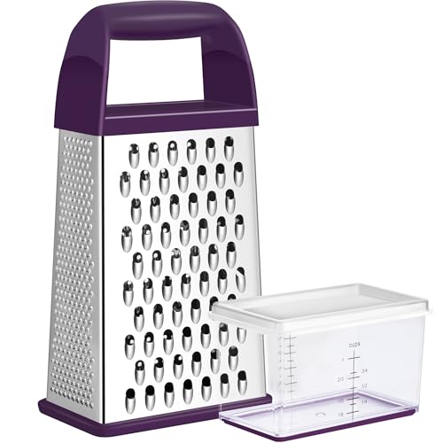 Urbanstrive Cheese Grater With Container, Professional Cheese Grater with Handle, Stainless Steel Graters for Kitchen Handheld, Box Grater with 4 Sides for Vegetables, Ginger, Potatoes (Purple) - color: Purple
