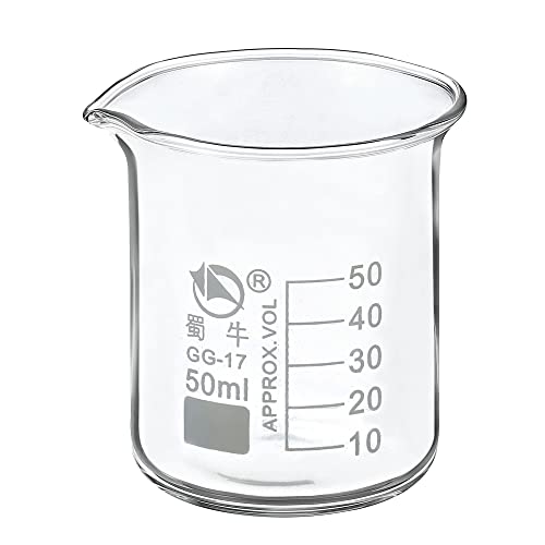 PATIKIL 50ml Low Form Glass Beaker, 3.3 Borosilicate Glass Graduated Printed Scale Measuring Cups with Spout for Kitchen Lab Liquids Transit Boiling - size: 50ml