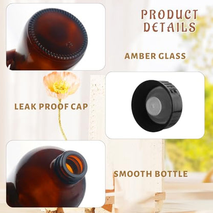 480ml/16oz Amber Glass Bottles Brown Round Bottle Containers with Black Leak Proof Seal Caps for Homemade Essential Oils Lab Home Kitchen - 2 Pcs - color: 2 Pcs