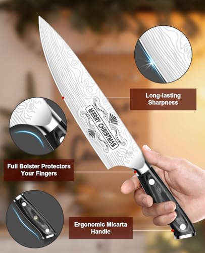 MOSFiATA Gifts for Him Her Men Women Husband, Christmas Xmas Stocking Stuffers, Birthday Gifts ideas for Him Her, 8 inch Pro German Chef Knife, Kitchen Knife Gift Set - style: Christmas chef knife