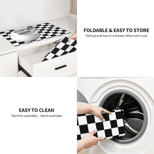 Black White Checkered Dish Drying Mat for Kitchen Counter, Coffee Bar Accessories, Retro Classic Plaid Pattern Absorbent Coffee Mat Kitchen Drying Mat Easy Clean 18" x 24" - color: Black White Race Checkered Flag Calibration Chess Grid