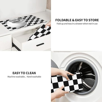 Black White Checkered Dish Drying Mat for Kitchen Counter, Coffee Bar Accessories, Retro Classic Plaid Pattern Absorbent Coffee Mat Kitchen Drying Mat Easy Clean 18" x 24" - color: Black White Race Checkered Flag Calibration Chess Grid