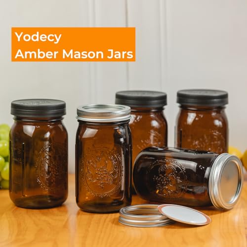 Yodecy 4 Pcs 32 oz Amber Wide Mouth Mason Jars With Airtight Lids and Black Plastic Lids, Canning Jars for Overnight Oats, Food Storage and More - color: amber