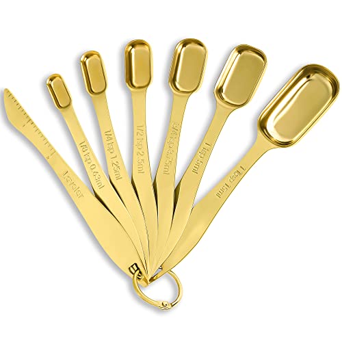 Rainspire Heavy Duty Measuring Spoons Set Stainless Steel, Metal Measuring Cups and Spoons Set for Dry or Liquid, Fits in Spice Jar, Home Gadgets Kitchen Gadgets, Set of 7 Including Leveler, Gold - color: Gold