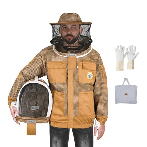 Beekeeping Jacket with Veil 3-Layer Ultra Ventilated 2 Veil Options (Fencing & Round) YKK Zippers Full Protection Suit Carrying Bag (BP-302-Brown)-S - color: Brown 2 Veils, size: S