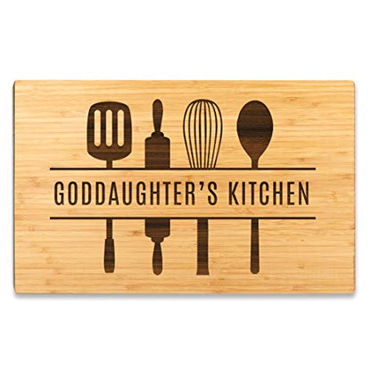 Andaz Press Large Bamboo Wood Cutting Board Gift, 17.75 x 11-inch, Goddaughter's Kitchen, Utensils Graphic, 1-Pack, Laser Engraved Serving Chopping Board Christmas Birthday Chef Kitchen Ideas - color: Goddaughter