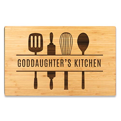 Andaz Press Large Bamboo Wood Cutting Board Gift, 17.75 x 11-inch, Goddaughter's Kitchen, Utensils Graphic, 1-Pack, Laser Engraved Serving Chopping Board Christmas Birthday Chef Kitchen Ideas - color: Goddaughter