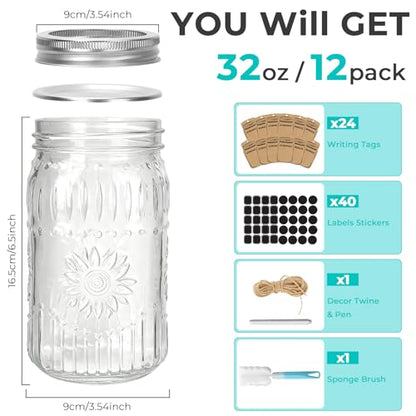 CycleMore Wide Mouth Mason Jars 32oz, 12Pack Glass Canning Jars with Metal Airtight Lids and Bands, 1Quart Large Food Canister forJam Making, Pantry Organization & Party Decor - size: SunFlower - 32oz - 12 Pack