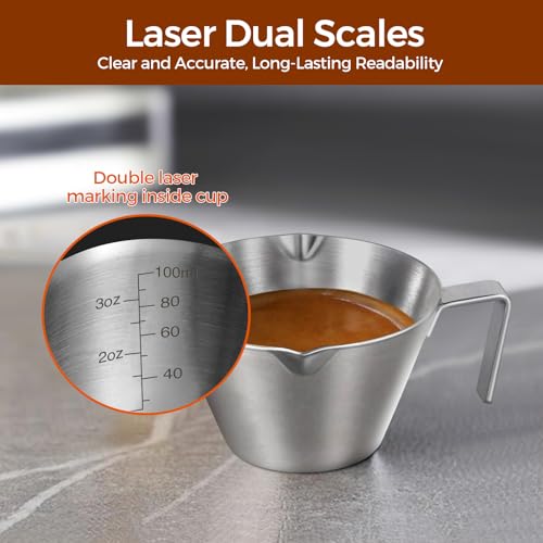 3Pcs Stainless Steel Espresso Cups, Double Spout Metal Espresso Measuring Cup with Handle, Dual Scale Espresso Pouring Cup with V-Shaped Mouth, 3.4oz/100ml (Silver) - color: 09_ Silver 3pcs