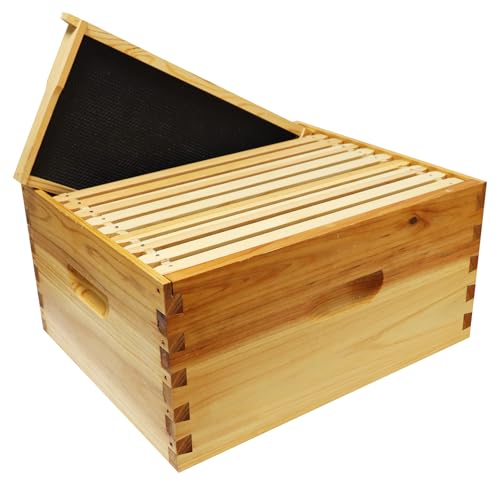 10-Frame Langstroth Deep Brood Bee Hive Box, Dipped in Beeswax, Includes Wooden Frames & Waxed Foundations, Unassembled for Beginner Beekeepers - style: Deep Box