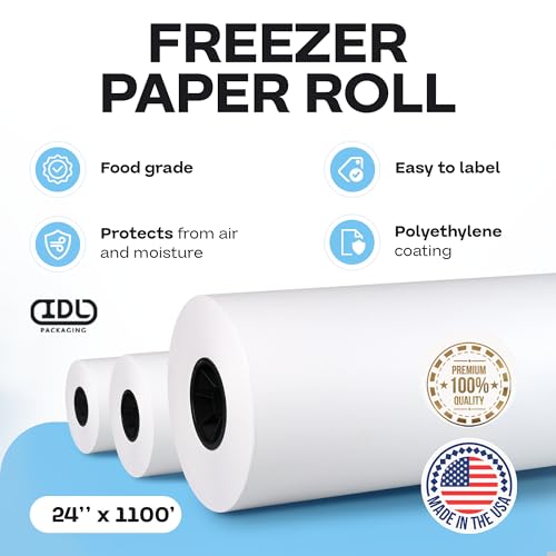 Freezer Paper Roll 24" x 13200" (1100 feet) - USA-made Large White Paper for Freezing Food, Meat & Fish - Freezer Material with Special Coating-Strong Barrier Against Air and Moisture by IDL Packaging - color: White, size: 24" X 1100 Feet, 1 Roll