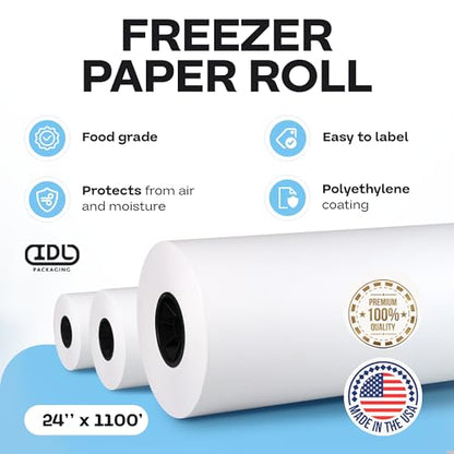 Freezer Paper Roll 24" x 13200" (1100 feet) - USA-made Large White Paper for Freezing Food, Meat & Fish - Freezer Material with Special Coating-Strong Barrier Against Air and Moisture by IDL Packaging - color: White, size: 24" X 1100 Feet, 1 Roll