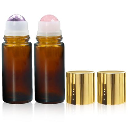 Rose Quartz & Amethyst Roller Bottles for Essential Oils, 50ml Refillable Amber Glass Roll On Bottles with Natural Crystal Roller Balls, Leak-Proof Travel Perfume Bottle with Gold Caps - color: Pink+Purple