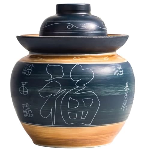 Traditional Chinese Fu Pattern Kimchi Jar, Double-lid Fermentation Crock, Thickened Ceramic Pickling Vessel, for Kombucha(10kg/352.7oz) - size: 10kg/352.7oz