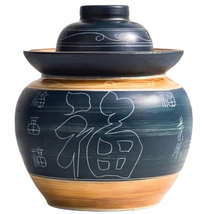 Traditional Chinese Fu Pattern Kimchi Jar, Double-lid Fermentation Crock, Thickened Ceramic Pickling Vessel, for Kombucha(10kg/352.7oz) - size: 10kg/352.7oz