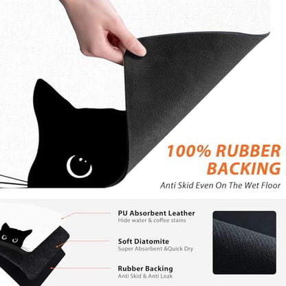 Black Cat Dish Drying Mat - Funny Black Cat Absorbent Dish Drying Mat for Kitchen Counter, Coffee Bar Mat, Coffee Maker Mat for Countertops, 16x17.5 Inch