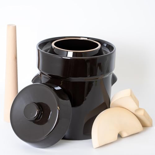 Lehman's European Style Fermentation Crock Set with Wooden Stomper and Fitted Weights, Set to Preserve Sauerkraut Pickles Kimchi and More (1 Gallon) - size: 1 Gallon