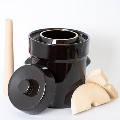 Lehman's European Style Fermentation Crock Set with Wooden Stomper and Fitted Weights, Set to Preserve Sauerkraut Pickles Kimchi and More (1 Gallon) - size: 1 Gallon