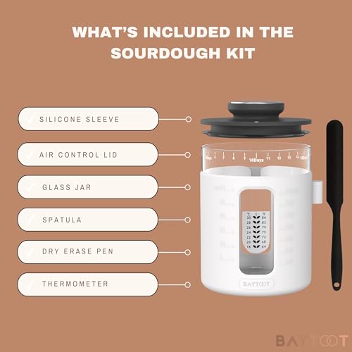 Sourdough Starter Jar Kit 33oz – Wide Mouth Sourdough Fermentation Jar, Upgraded 2026 Sour dough Container Reinforced Thick Glass Base, Airflow Lid, Feeding Tracker & Thermometer (White) - color: white