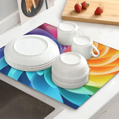 Rainbow Dynamic Print Dish Drying Mat for Kitchen Counter Ultra Absorbent Microfiber Dishes Drainer Mats Washable Drying Pads for Sinks 16 x 18 In - color: Rainbow Dynamic