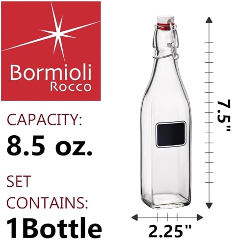 Bormioli Rocco Swing Chalkboard 8.5 oz. Square Swing-Top Bottle with Airtight Seal and Metal Clamp for Drinks, Juices, Wine, or Dressings, Single Bottle - size: 8.5 Ounces