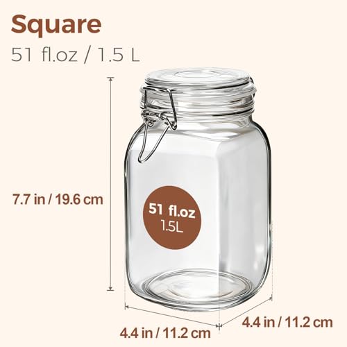 ComSaf Set of 3 Square Glass Jars with Airtight Lids (51 Oz) — Wire Clamp Canisters for Small-Batch Pickling, Kimchi, Bulk Dry Food, Wide Mouth Space Saving Kitchen Pantry Organization Jars - size: 51oz*3