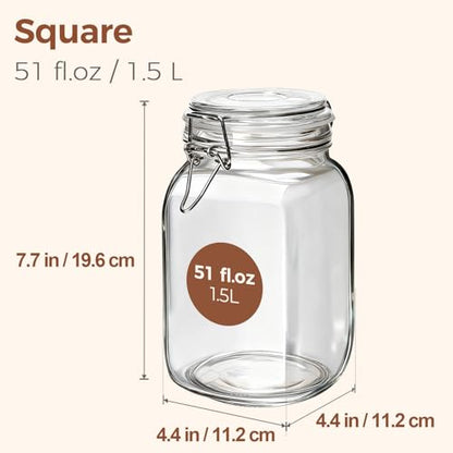 ComSaf Square Glass Jars with Airtight Lids 51 oz 3 Pack Wide Mouth | Flour sugar rice, Kimchi pickling, Sourdough pickling, Pantry organization, Dry food storage, Kitchen storage canister - size: 51oz*3