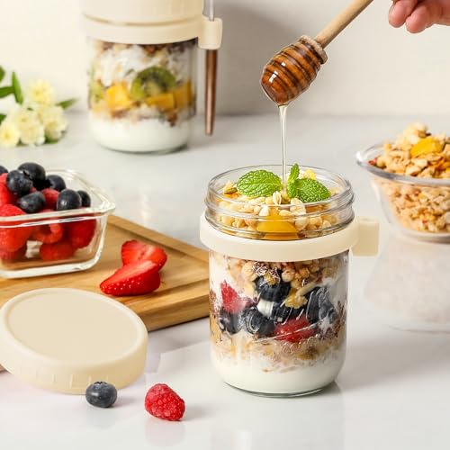 LANDNEOO 4 Pack Overnight Oats Containers with Lids and Spoons, 16 oz Glass Mason Jars with Airtight Lids, Overnight Oats Jars for Milk, Cereal, Fruit-Beige - color: Beige