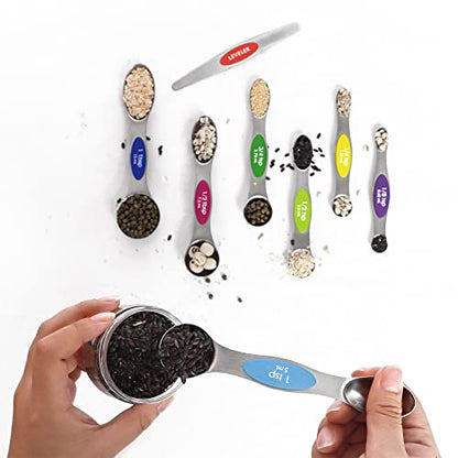 Multicolor Magnetic Measuring Spoons Set with Leveler | 7Pack, Stainless Steel, Stackable, Fits Spice Jars - For Baking Kitchen Gadgets Apartment Essentials Fits - color: Multicolor