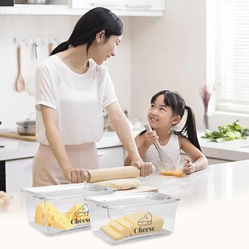 3 Pack Cheese Container Airtight with Draining Basket Cream Block Cheese Sliced Cheeses Box with Lid Saver for Fridge Deli Meat Storage Box,Cheeses Sliced,Grated,Cheddar Keeper - color: Clear - 3 Pack