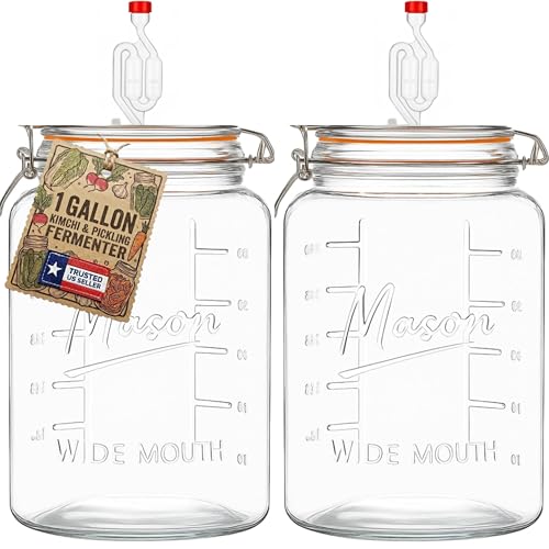 kitchentoolz 2-Pack 1-Gallon Mason Glass Fermenting Jars with Airlock Lids – Wide Mouth with Ounce & Milliliter Markings for Mead, Kombucha, Beer, Wine & Pickling - size: Pack of 2