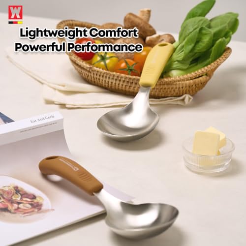 Short Stainless Steel Ladle 220mm (8.6”) – SUS304 Thick Deep Bowl Head with Soft-Grip Silicone Handle – Lightweight Mini Soup & Serving Spoon for Cooking – 5 Color Options (Brown) - color: Brown