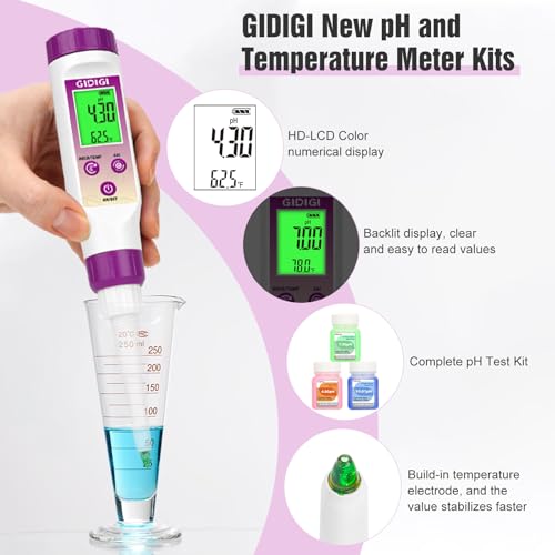 pH Meter Food Digital Electronic pH Tester for Fermentation 3 * 50ml pH Buffer Calibration Solution Kits Hot Sauce Food Tester Probe for Cheese Sourdough pH Temperature pH Test Strips for Acidity